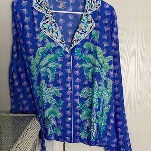 Lilly Pulitzer, PJ satin long sleeve top blue grotto fan, favorite size medium